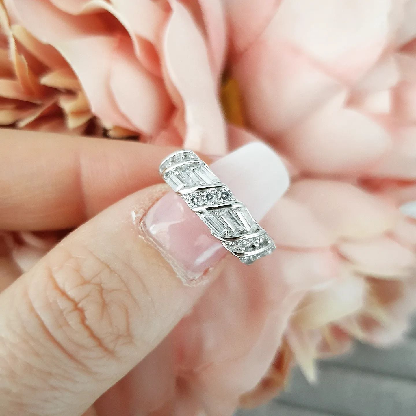 925 Sterling Silver Fancy Round & Baguette Cut Cz Eternity Ring