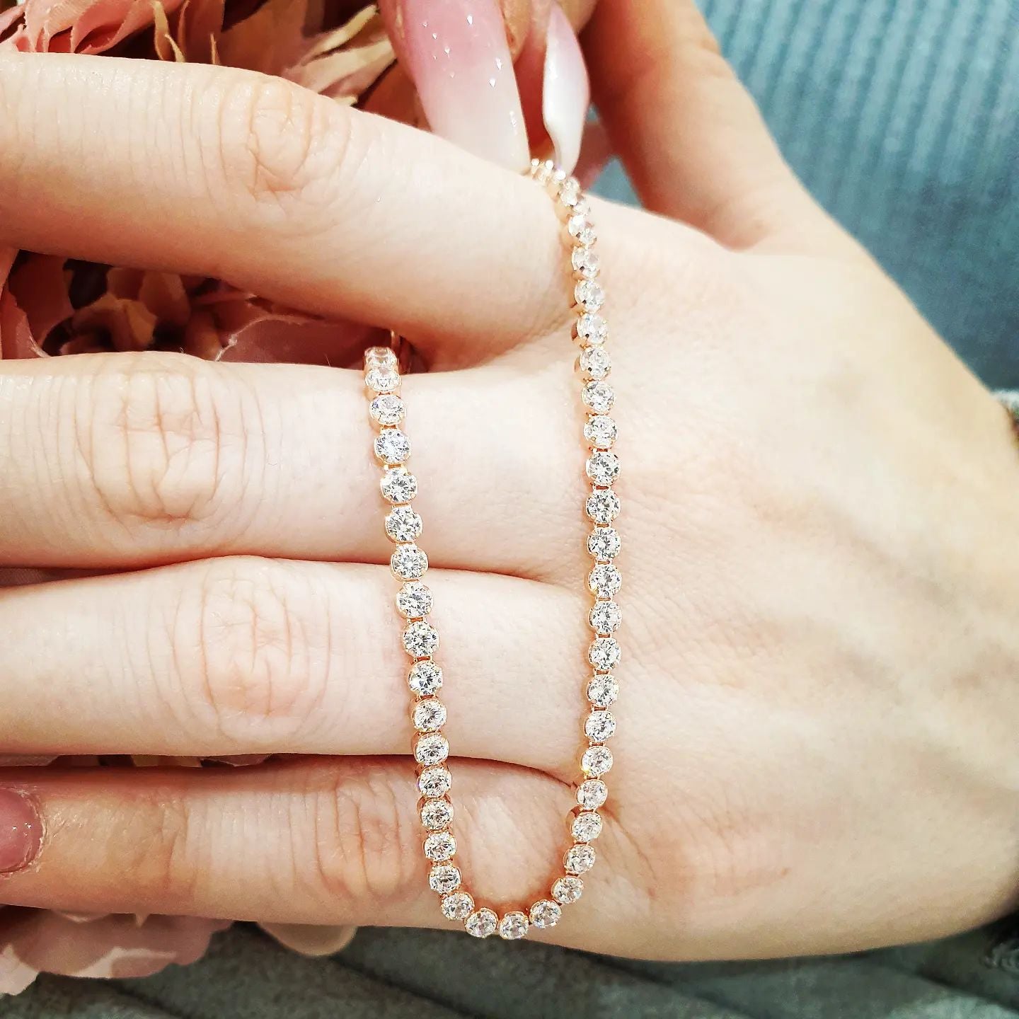 925 Sterling Silver Rose Plated Round Cz Tennis Bracelet