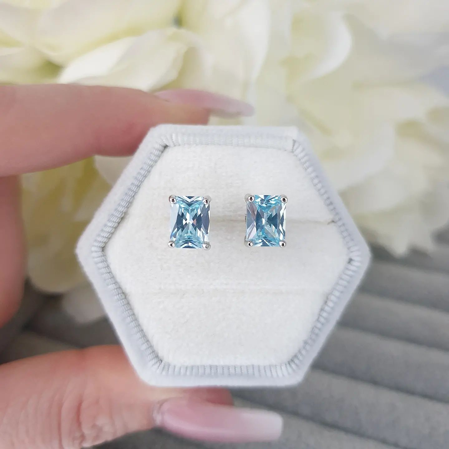 925 Sterling Silver Aqua Cubic Zirconia Emerald Cut Stud Earrings