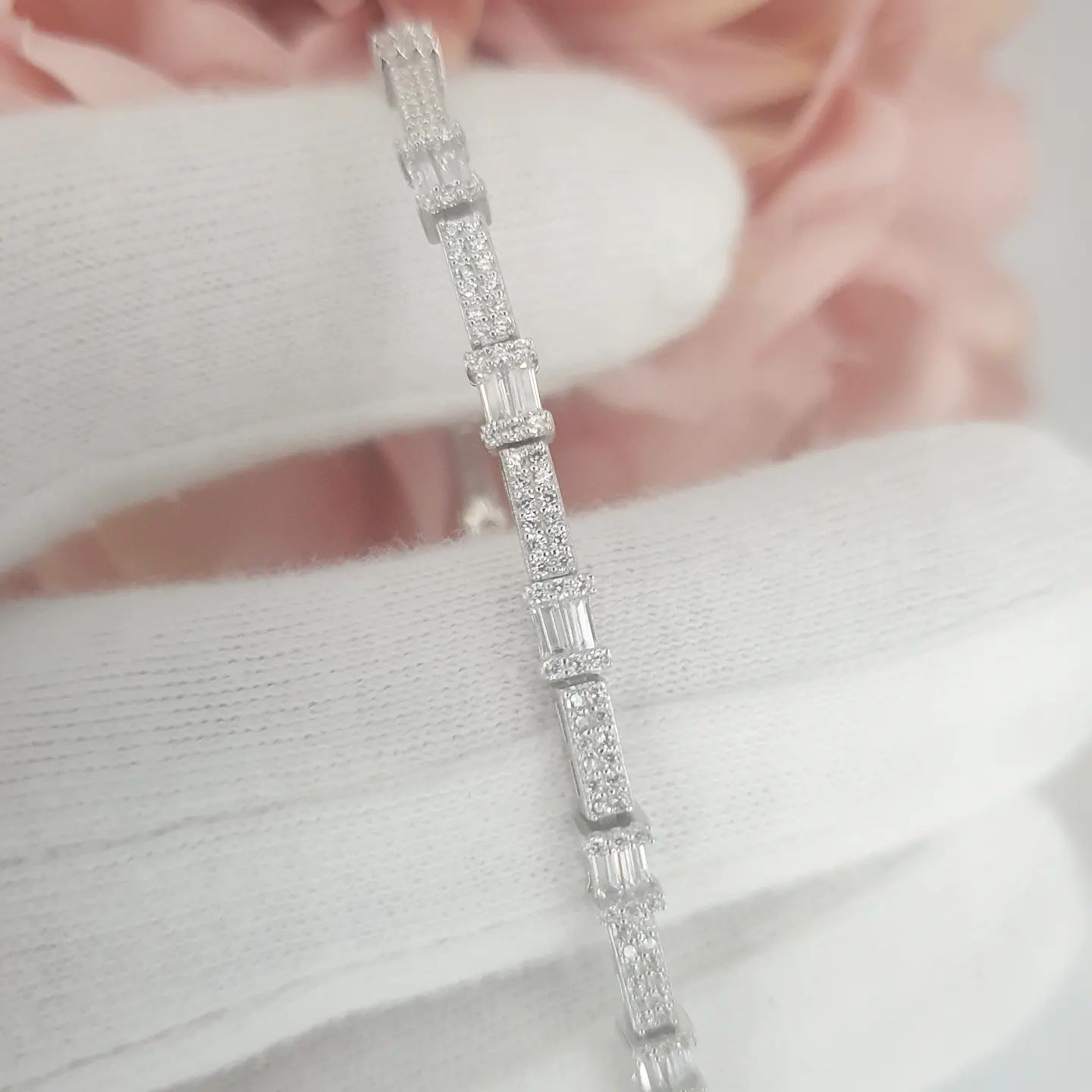 925 Sterling Silver Cz Baguette and Round Pave Set Ladies Bracelet