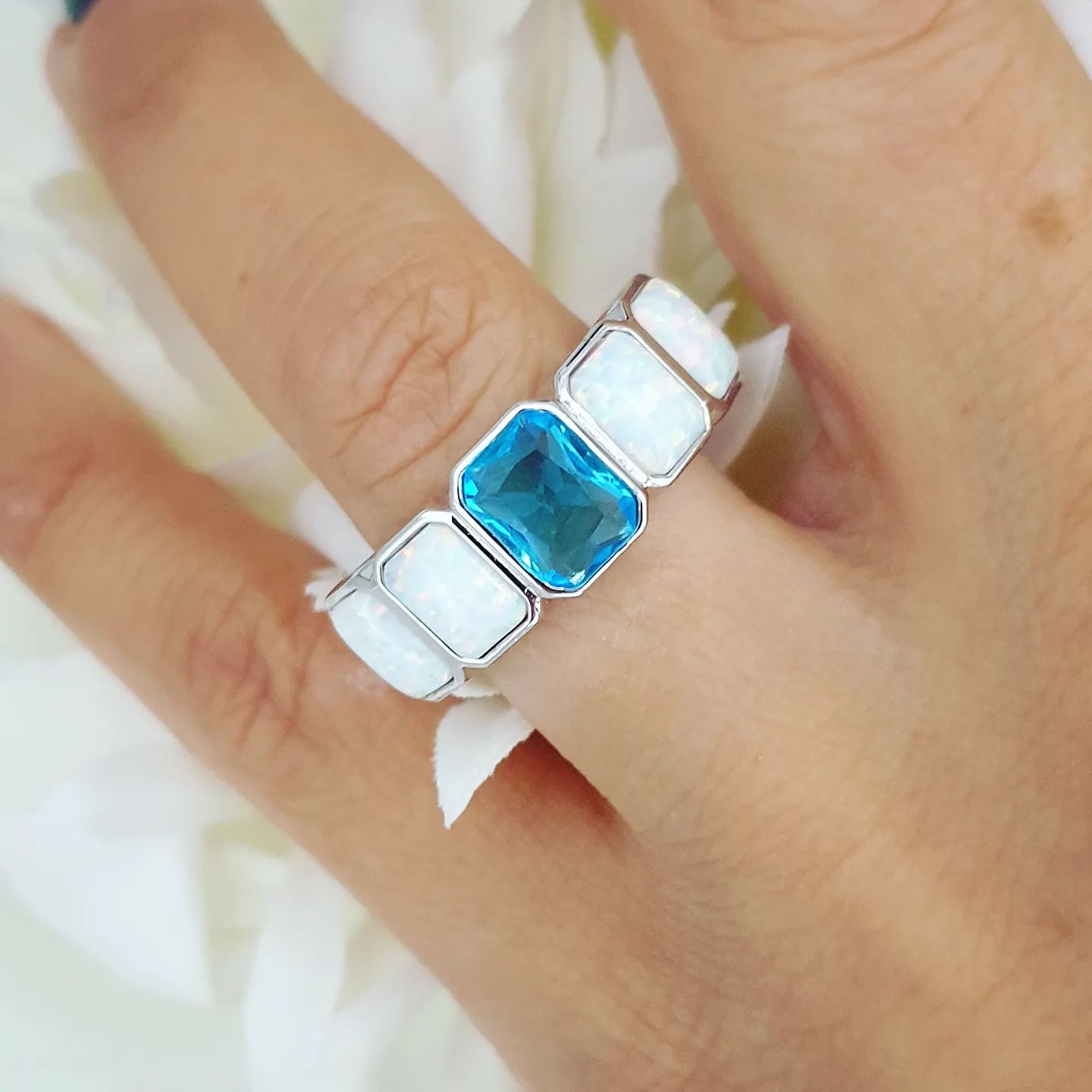 925 Sterling Silver Opal & Blue Cz 5 Stone Eternity Ring