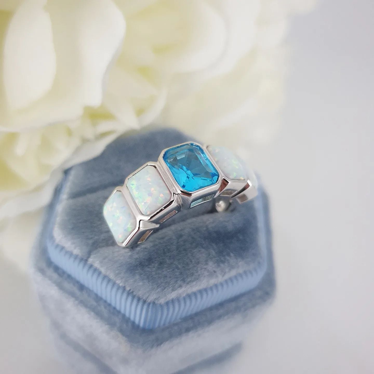 925 Sterling Silver Opal & Blue Cz 5 Stone Eternity Ring