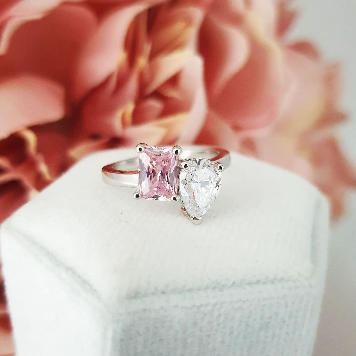 925 Sterling Silver Pink & White Cz Tension Crossover Ring