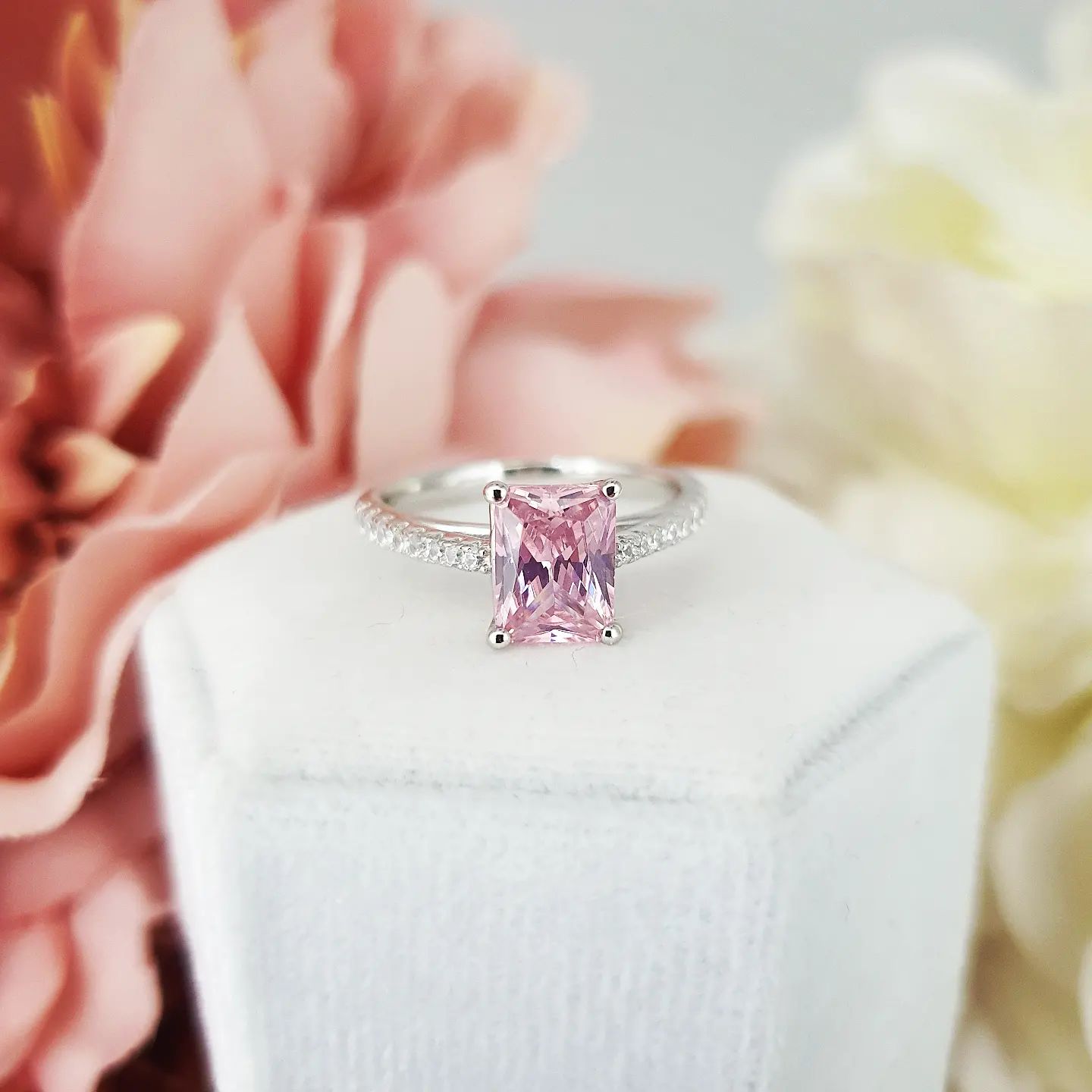 925 Sterling Silver Pink Emerald Cut Cz with Round Cz Shoulders Ring