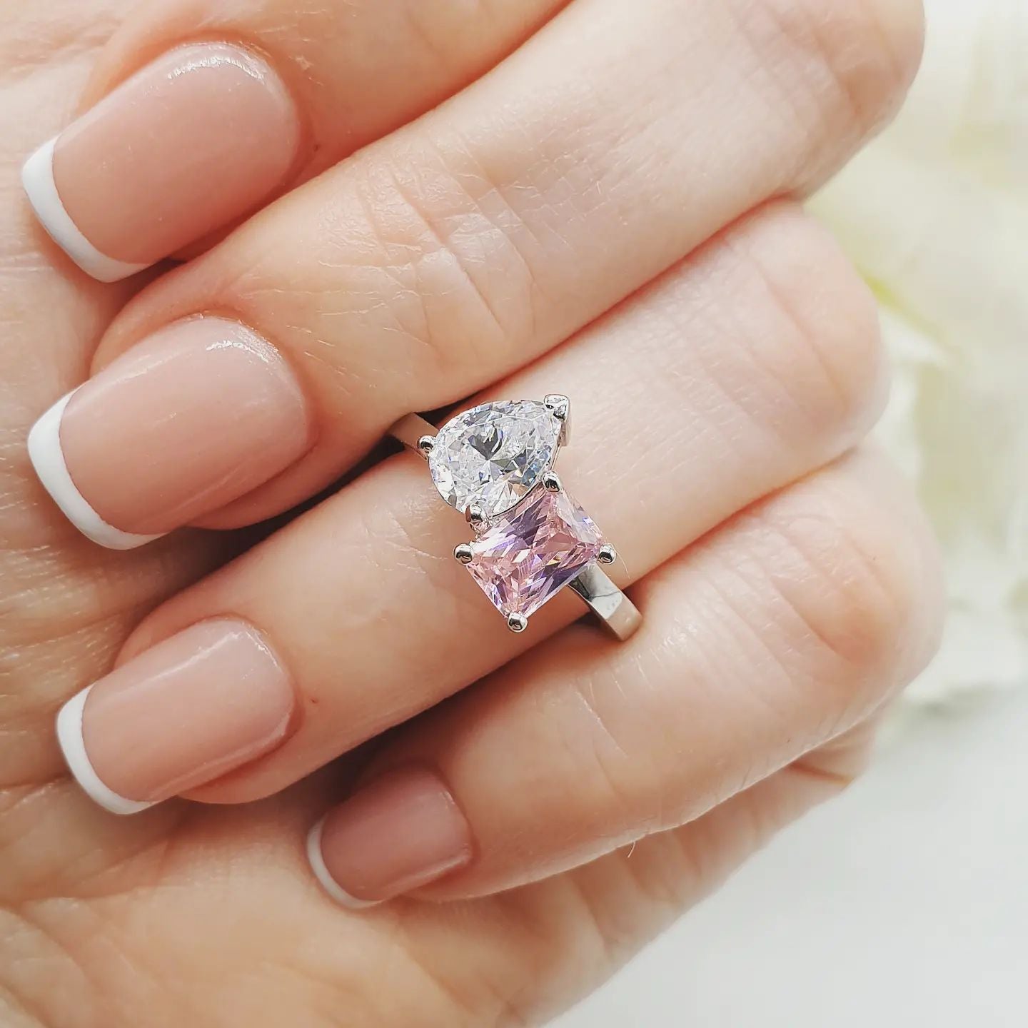 925 Sterling Silver Pink & White Cz Tension Crossover Ring
