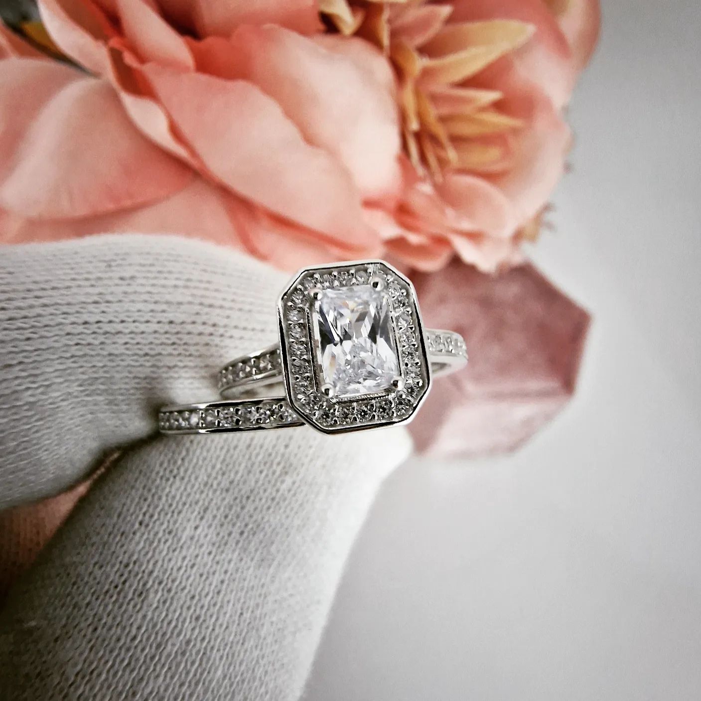 925 Sterling Silver Emerald Cut Cz Ring Set
