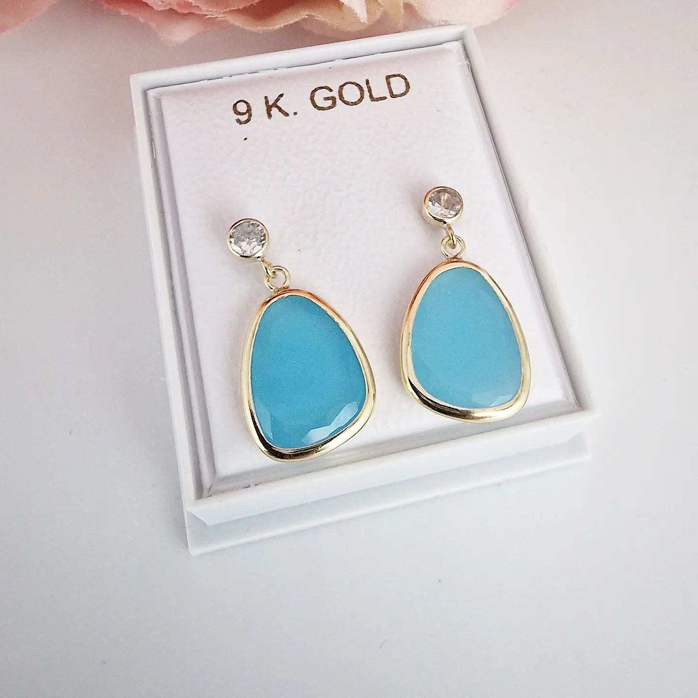 9ct Yellow Gold Cubic Zirconia and Blue Glass Drop Studs