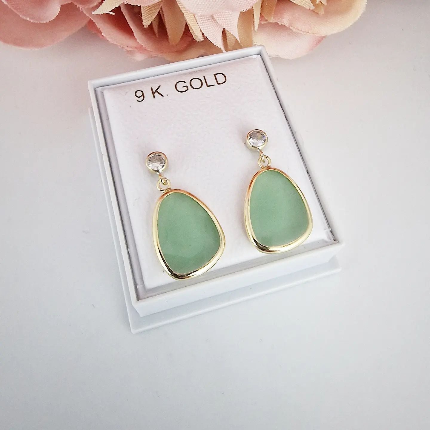 9ct Yellow Gold CZ and Green Glass Drop Studs