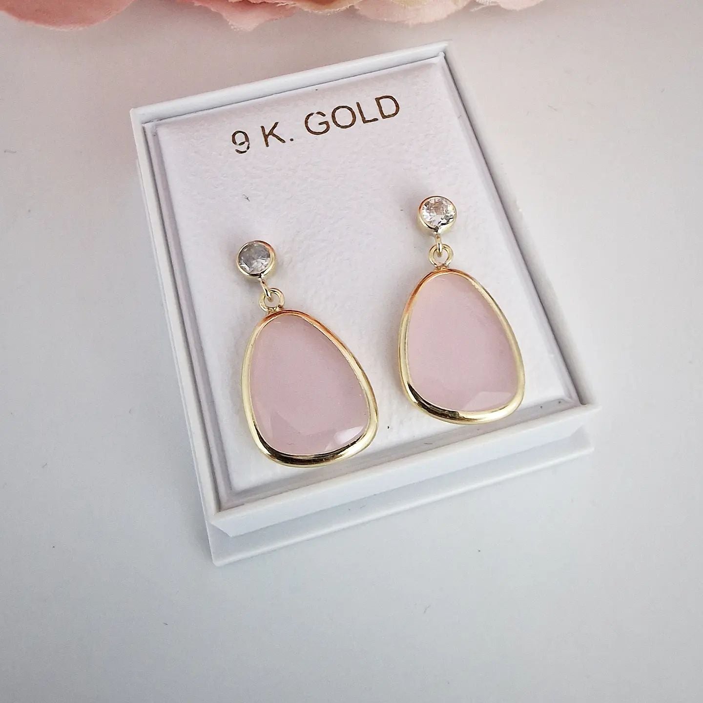 9ct Yellow Gold Cubic Zirconia and Pink Glass Drop Studs