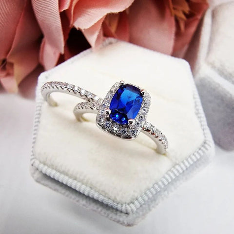 925 Sterling Silver Blue Sapphire Cz Emerald Cut Halo Ring Set