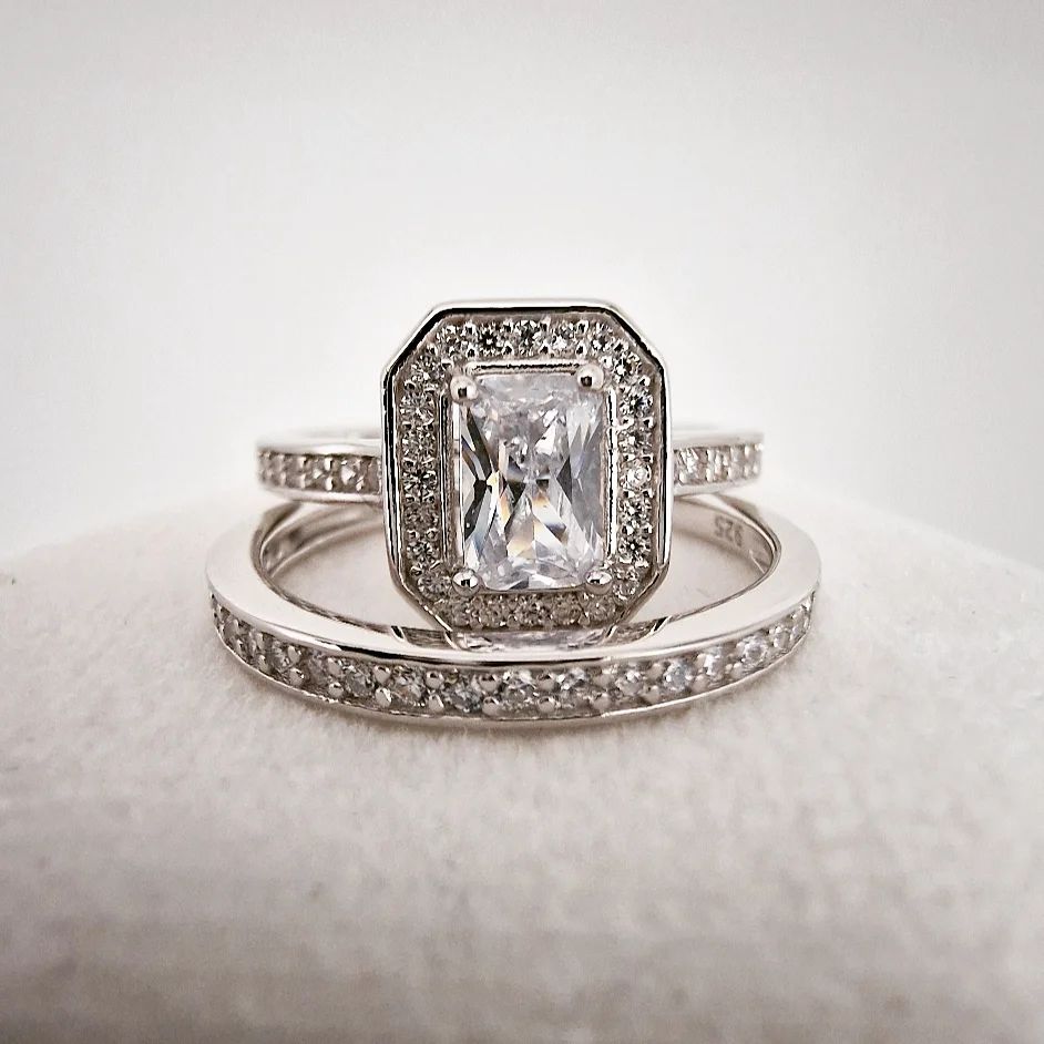 925 Sterling Silver Emerald Cut Cz Ring Set