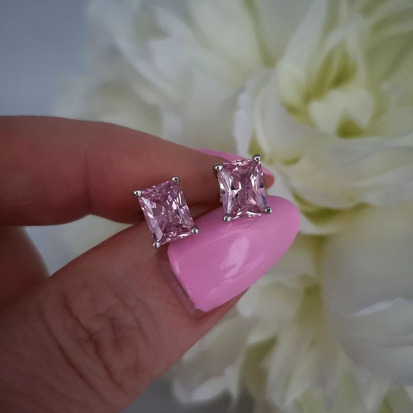 925 Sterling Silver Pink Cubic Zirconia Emerald Cut Studs