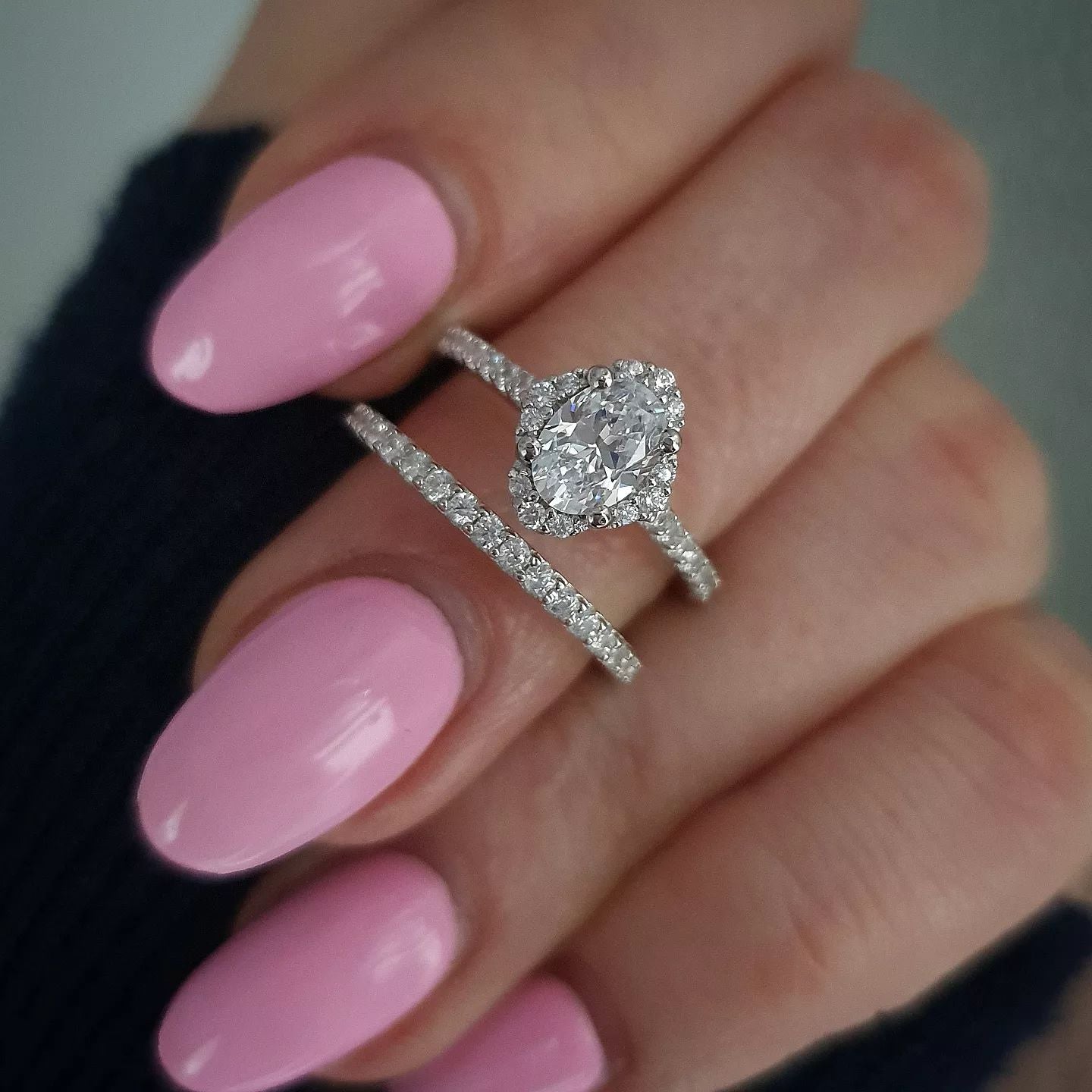925 Sterling Silver Oval Halo Cz Ladies Ring Set