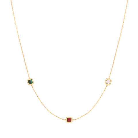 9ct Yellow Gold Rubover Squares, White Mother Of Pearl, Red Carneol & Green Malachite 18"Necklace/07" Bracelet