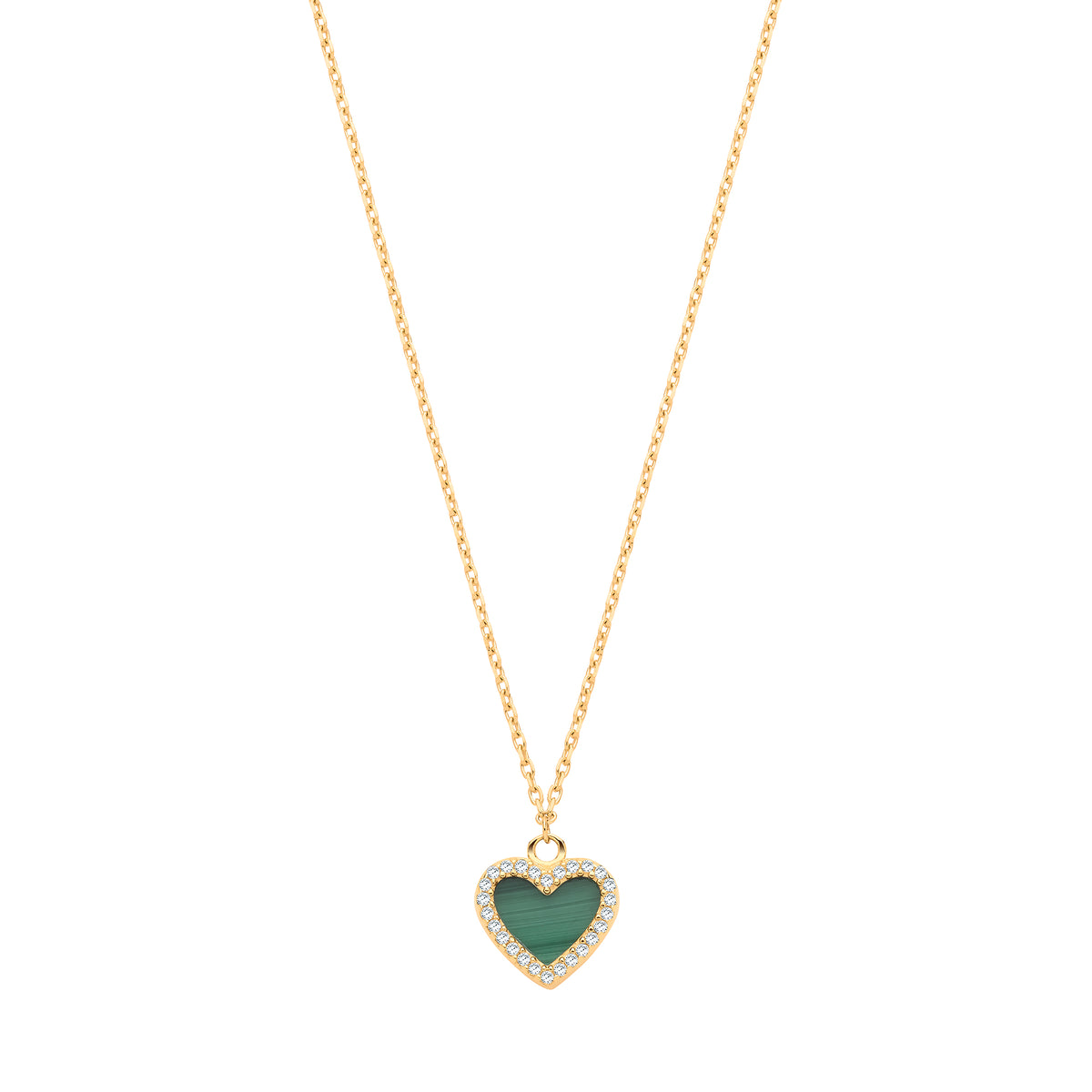 9ct Yellow Gold Malachite & Cubic Zirconia Heart Pendant on 18" Chain