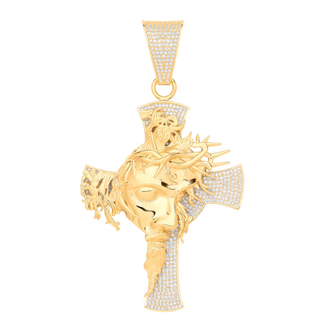 9ct Yellow Gold Jesus Head Cubic Zirconia Cross