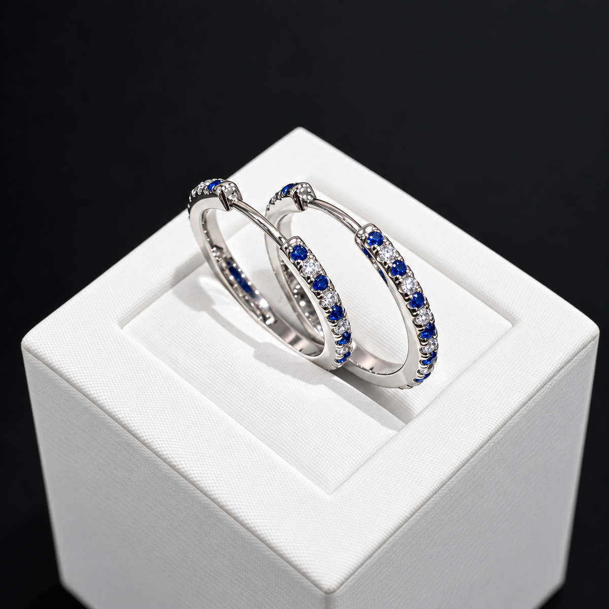 925 Sterling Silver Blue Sapphire CZ & Clear CZ 18.5mm Hoop Earrings