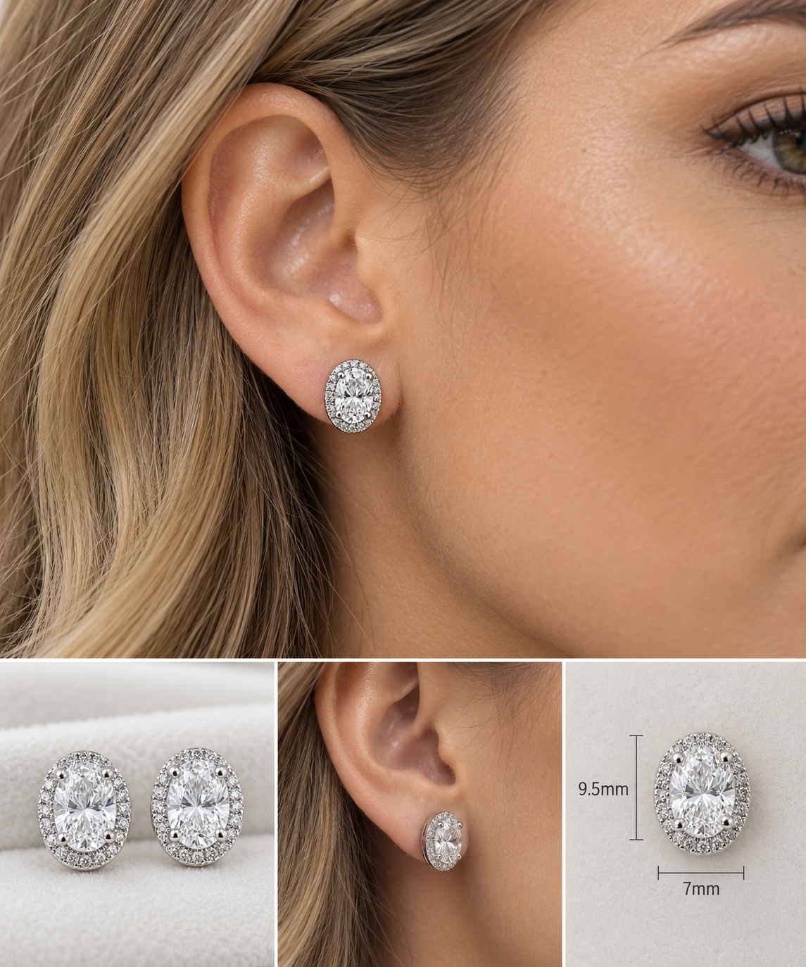925 Sterling Silver Oval Cz Halo Stud Earrings