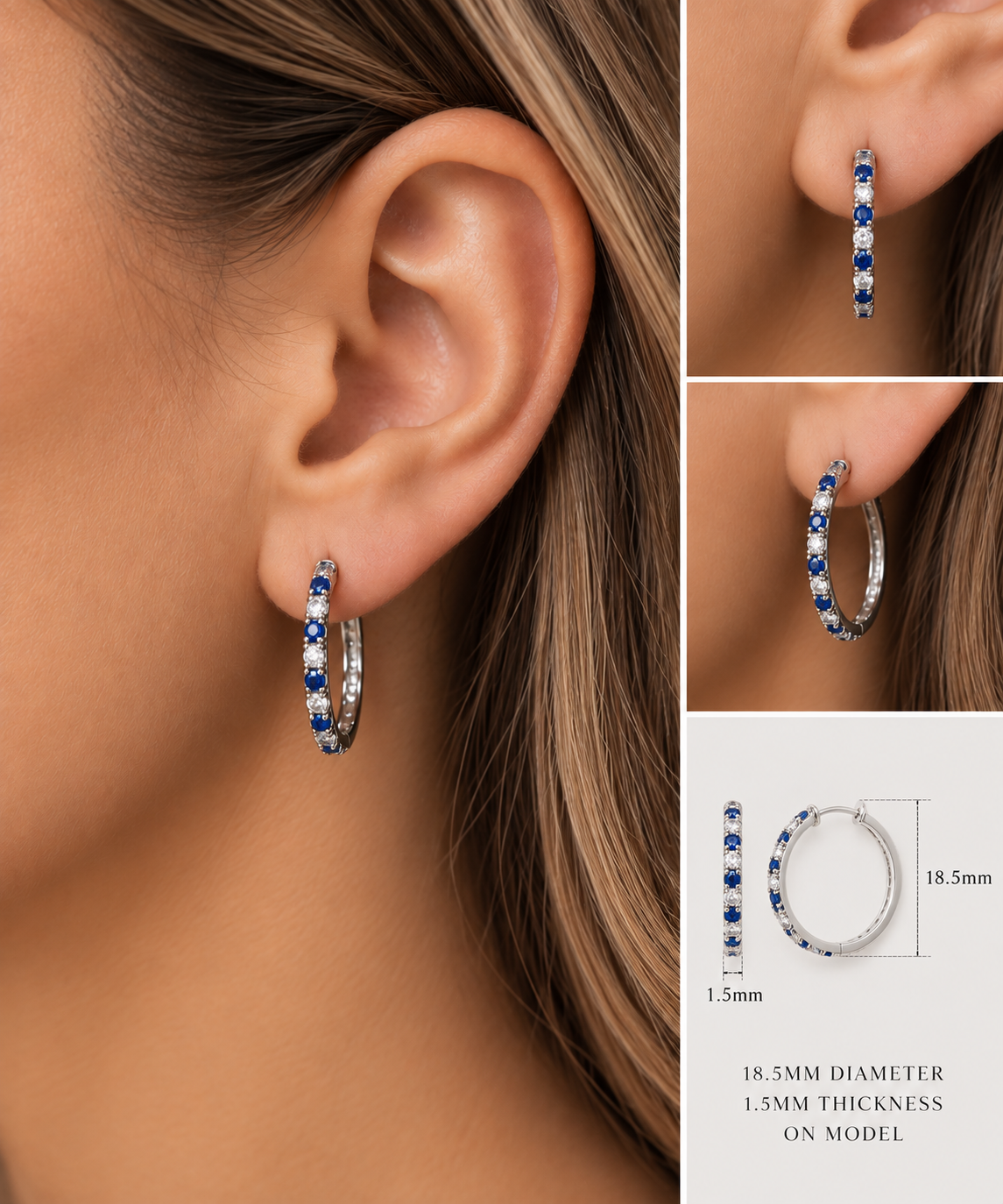 925 Sterling Silver Blue Sapphire CZ & Clear CZ 18.5mm Hoop Earrings