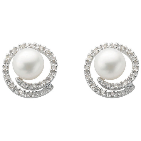 9ct White Gold 0.18ct Diamond & Pearl Stud Earrings