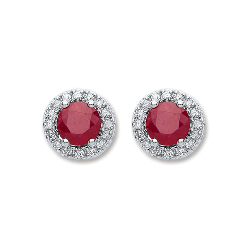 9ct White Gold 0.15ct Diamond 0.90ct Round Ruby Stud Earrings