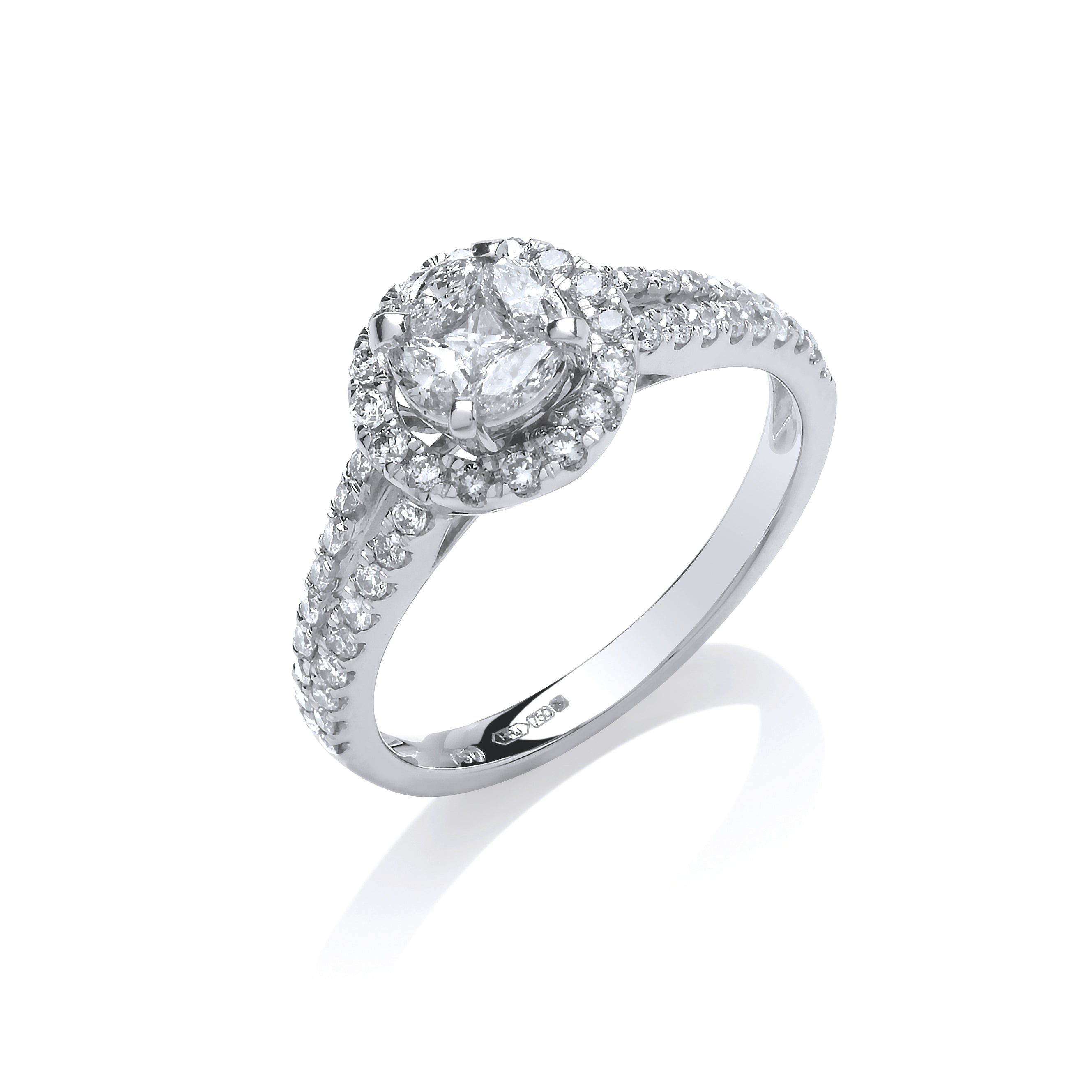 18ct White Gold 0.66ct Halo Style Split Shank Diamond Ring