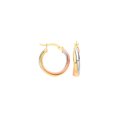 9ct Yellow White & Rose Gold Russian Wedding 18mm Hoop Earrings