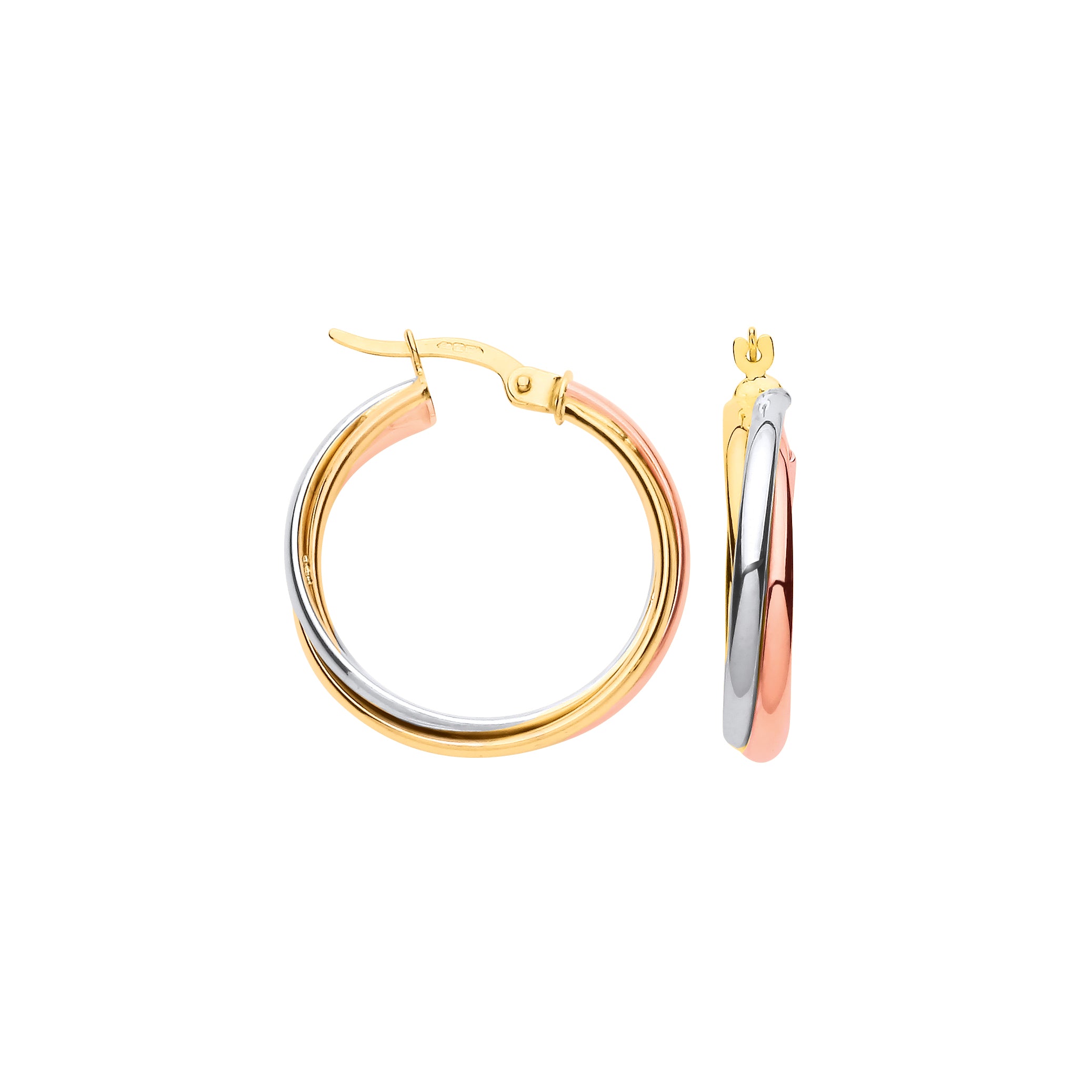 9ct Yellow, White & Rose Gold Russian Wedding 23mm Hoop Earrings