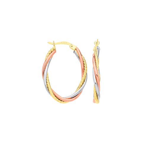 9ct Yellow, White & Rose Gold Russian Wedding Oval Hoop Earrings