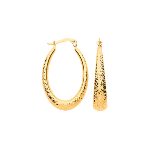 9ct Yellow Gold Diamond Cut Elongated Oval Hoop Earrings