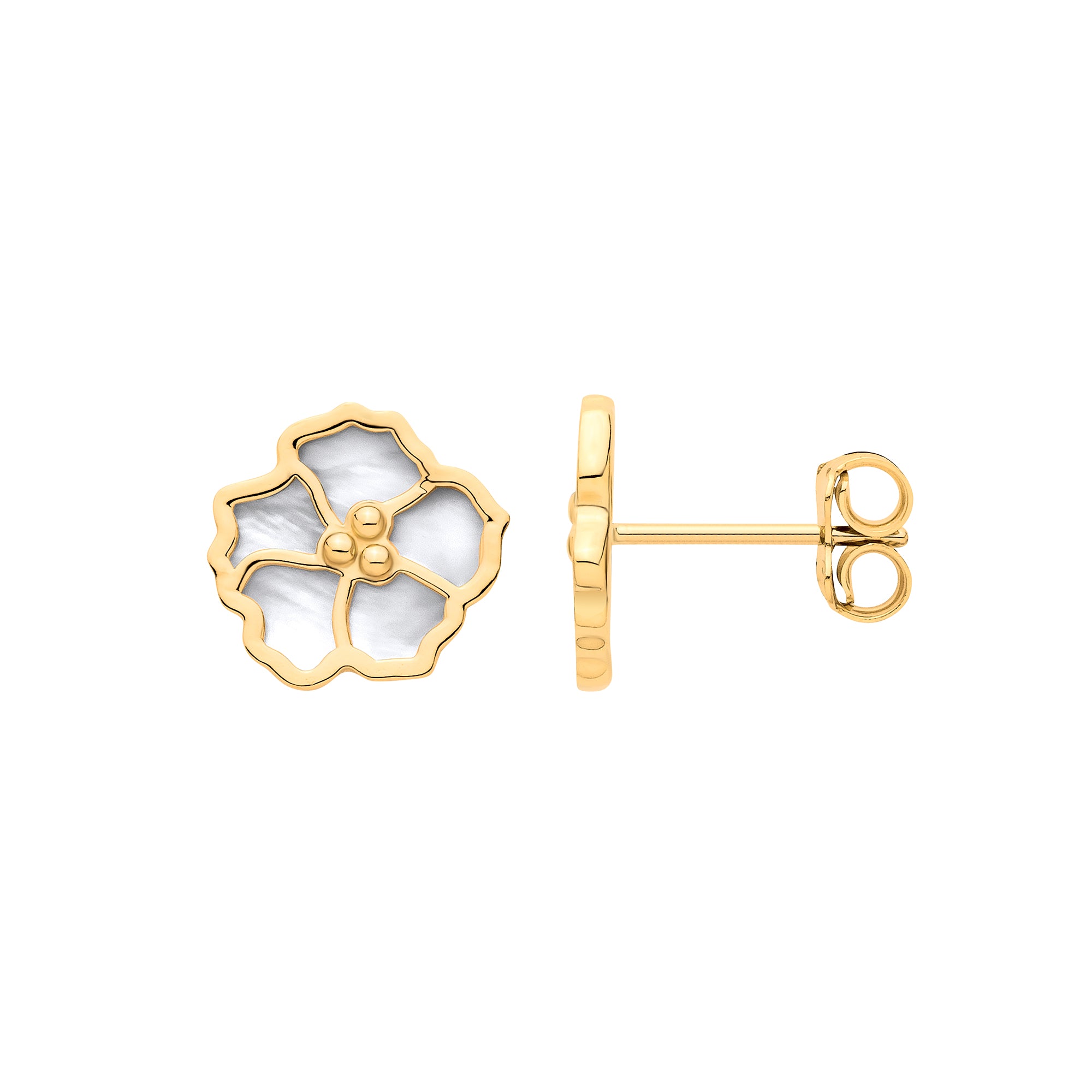 9ct Yellow Gold Flower Mother Of Pearl Stud Earrings