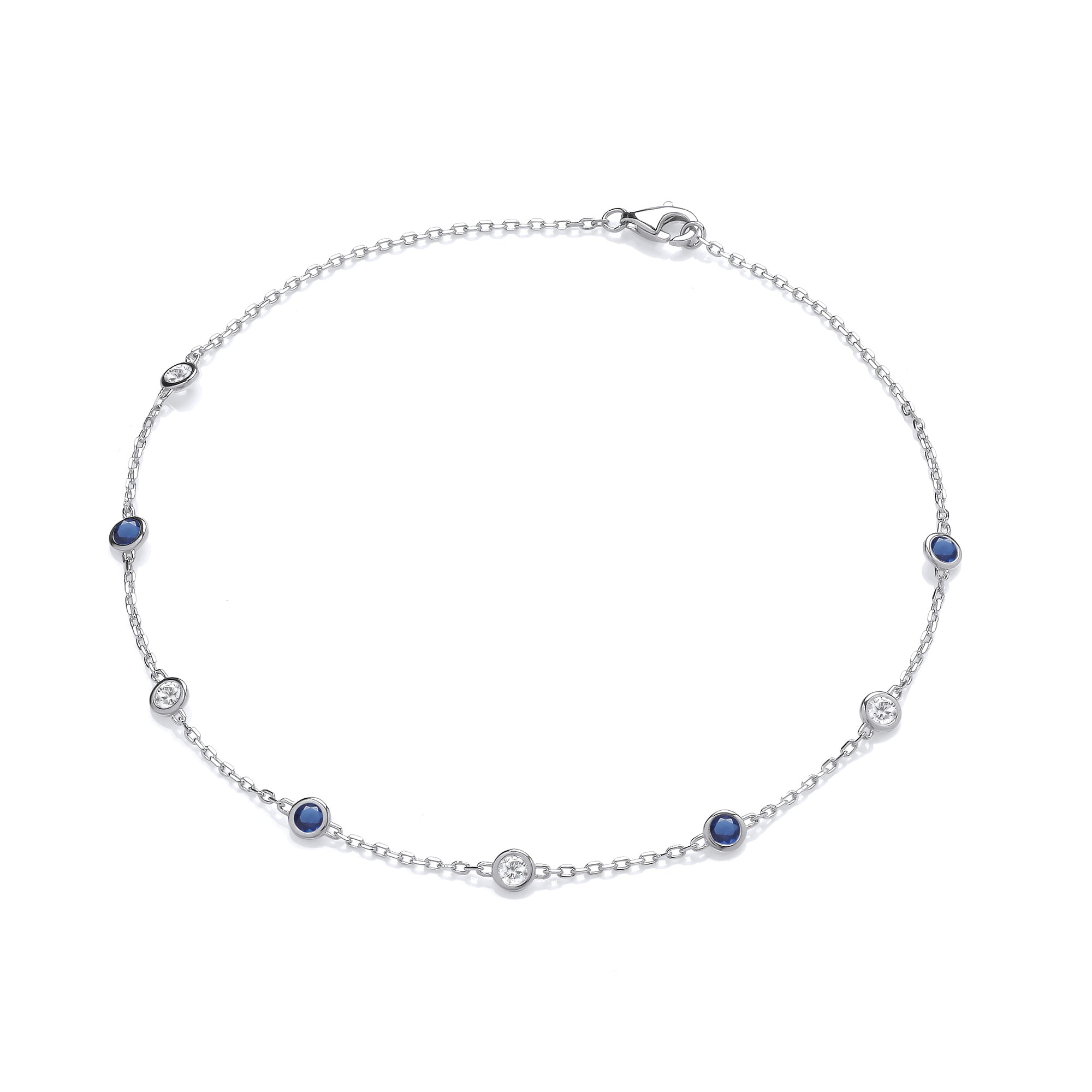 925 Sterling Silver Ladies Clear & Blue Cubic Zirconia Ladies Anklet - J-Jaz