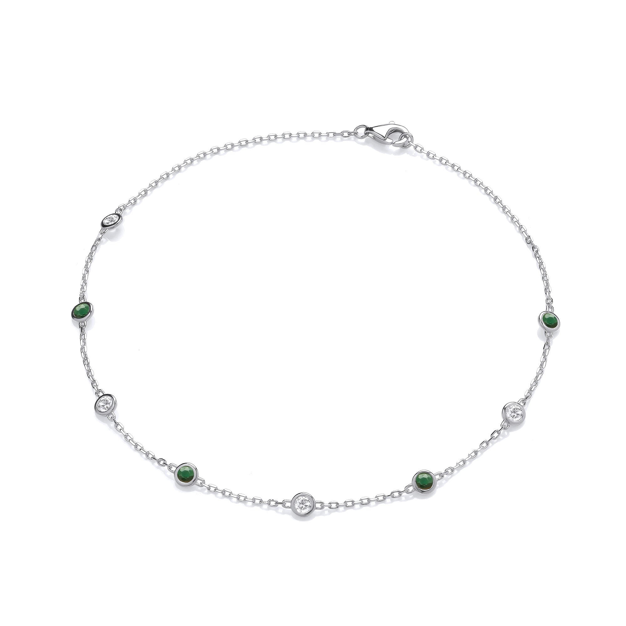 925 Sterling Silver Ladies Clear & Green Cubic Zirconia Ladies Anklet - J-Jaz