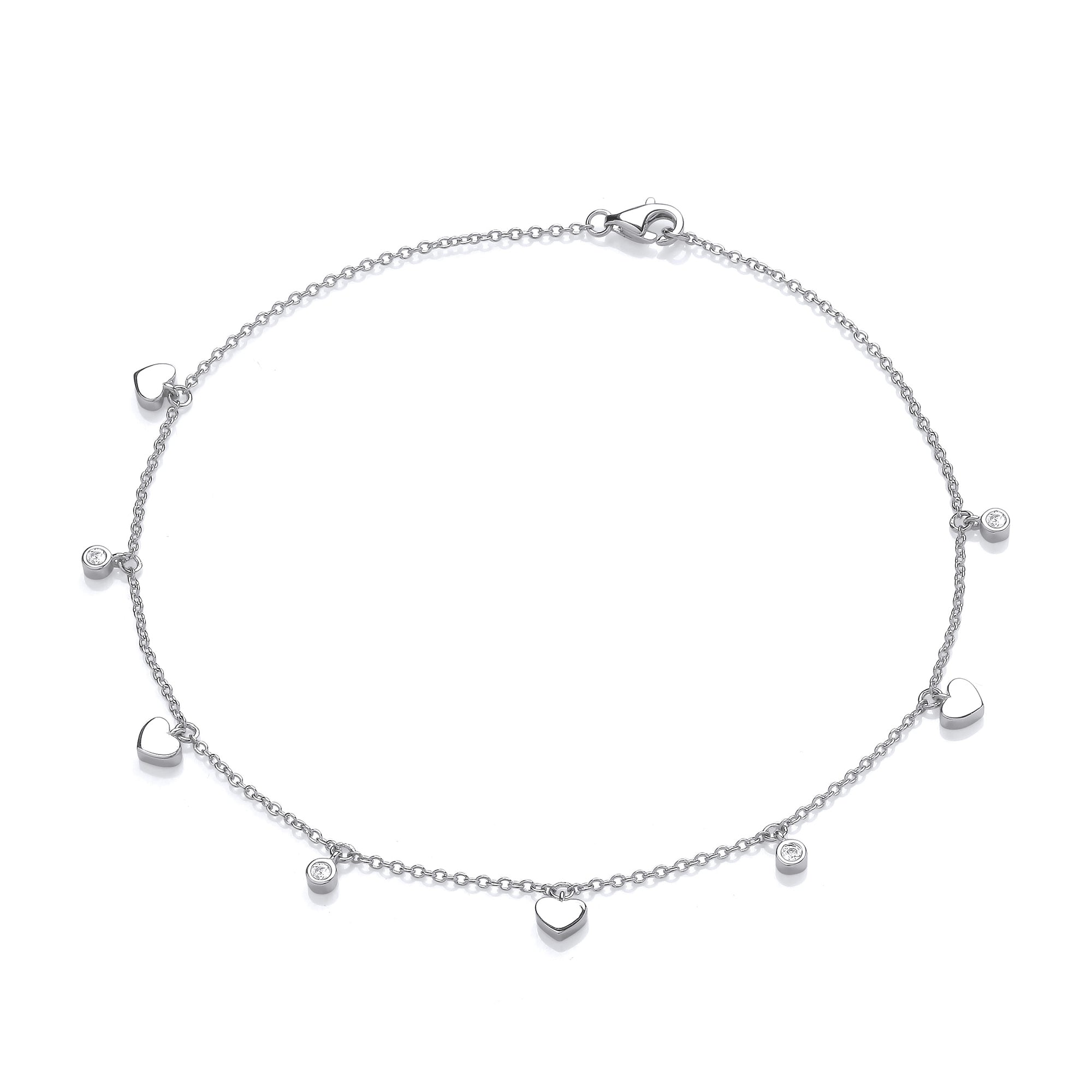 925 Sterling Silver Hearts and Round Cubic Zirconia Ladies Anklet J-Jaz