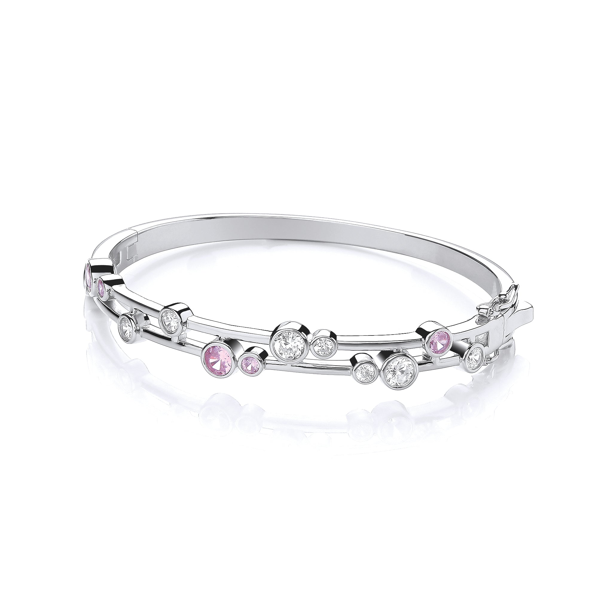 925 Sterling Silver Rubover set Pink & Clear Cubic Zirconia J-Jaz Bangle