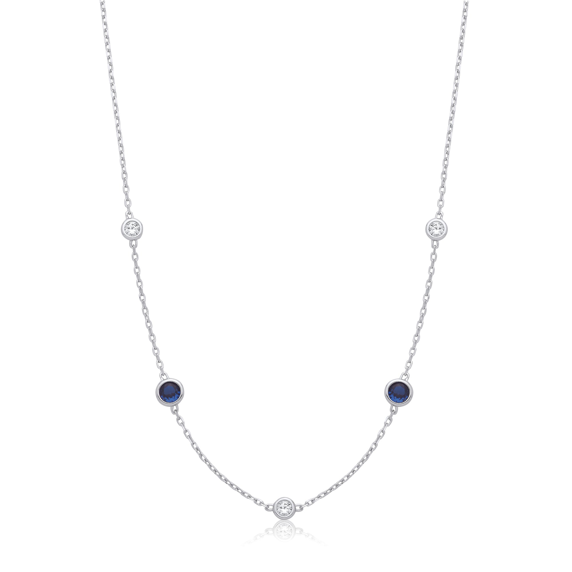 925 Sterling Silver Rhodium Plated Rubover 5 Blue & Clear Cubic Zirconia's Necklace J-JAZ