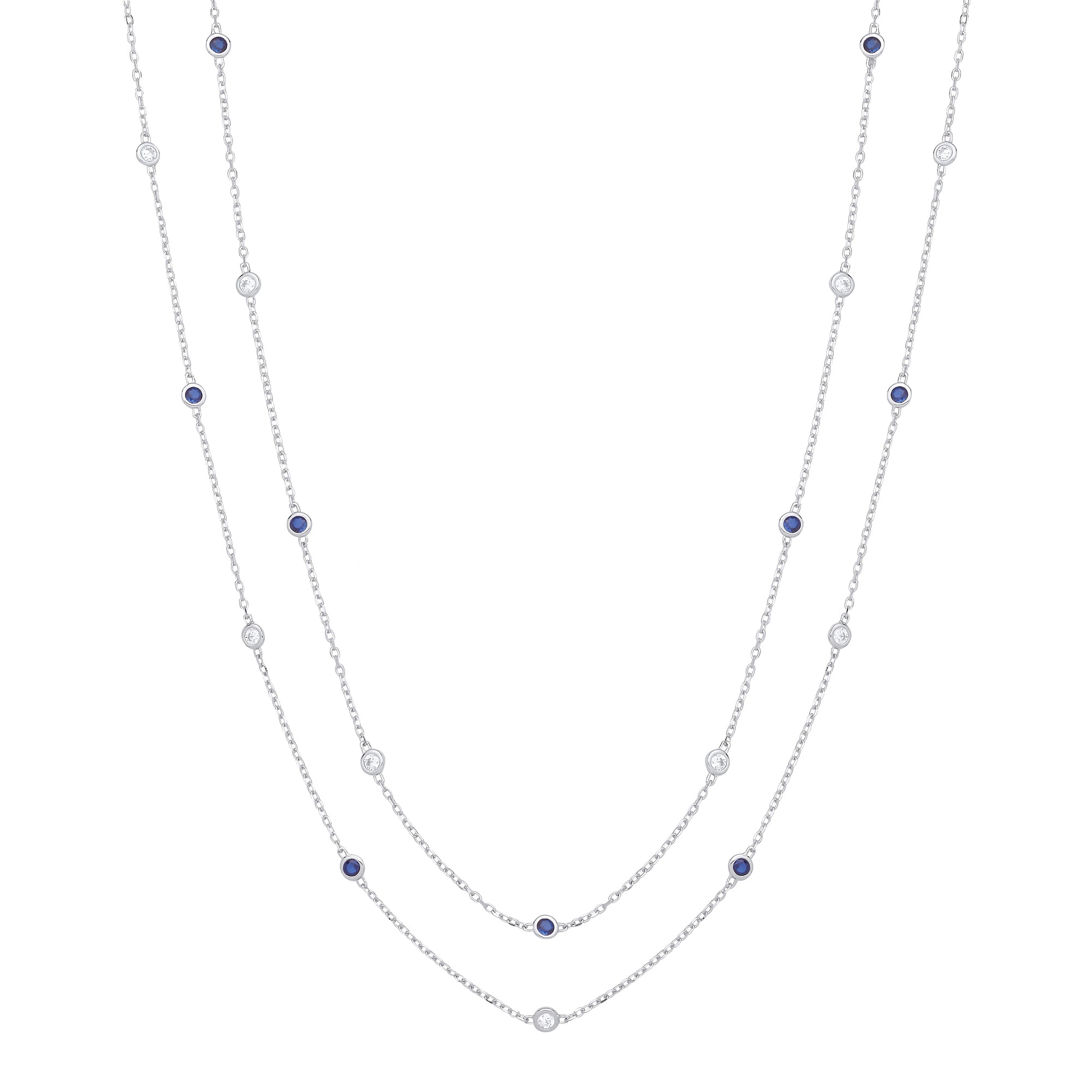 925 Sterling Silver 38" Rubover Blue & Clear Cubic Zirconia's Necklace J-JAZ