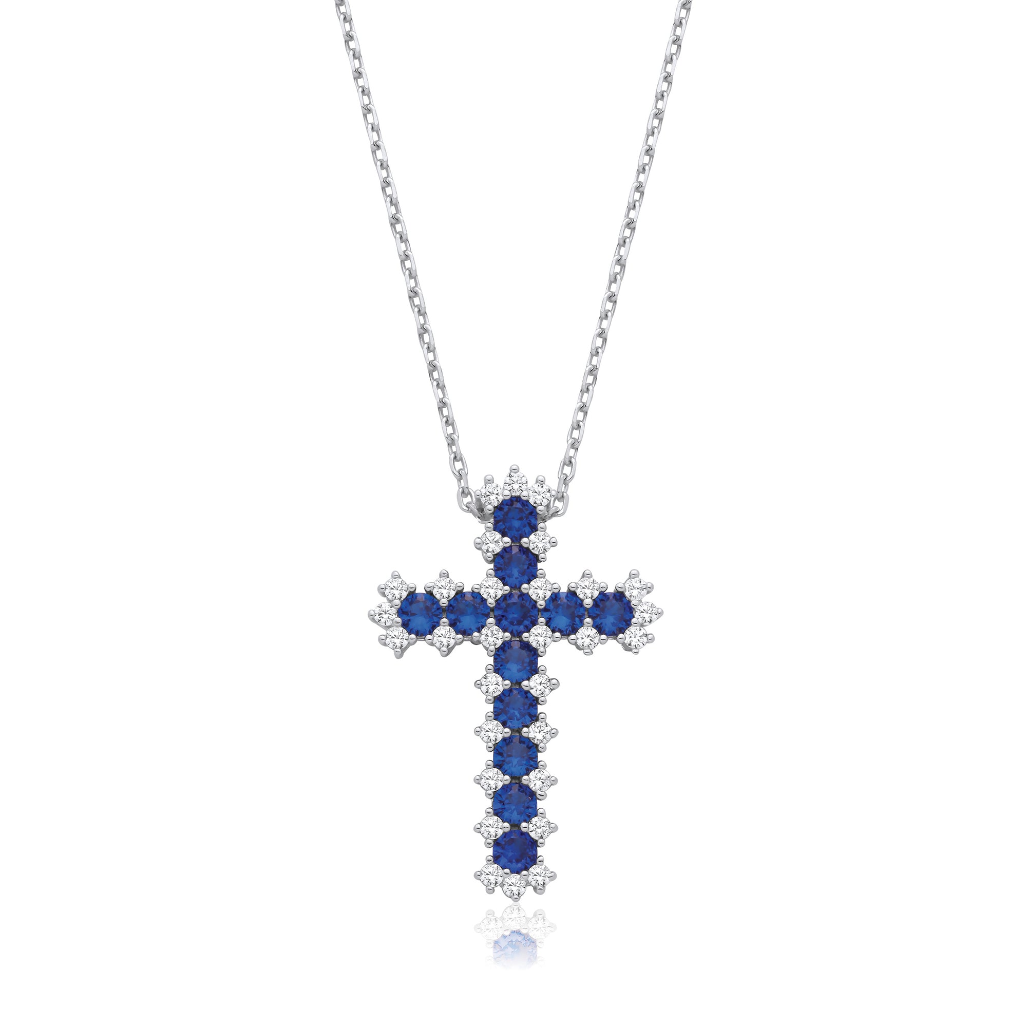 925 Sterling Silver Blue & Clear Cubic Zirconia Cross with Chain J-JAZ