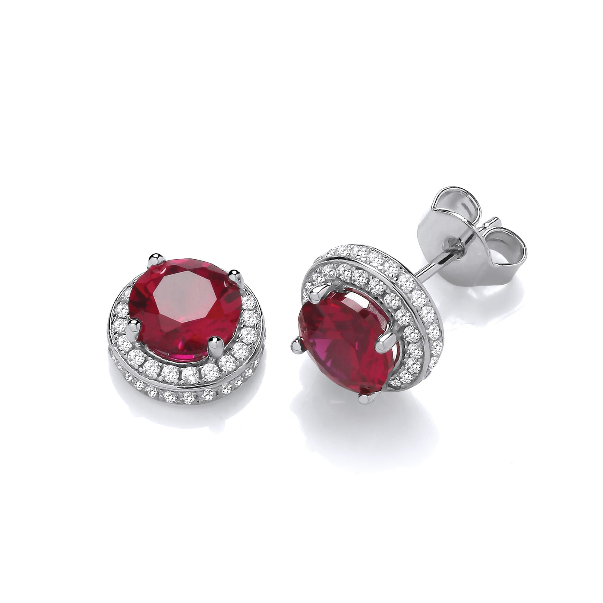 925 Sterling Silver Red Halo Style Cubic Zirconia Stud Earrings J-Jaz