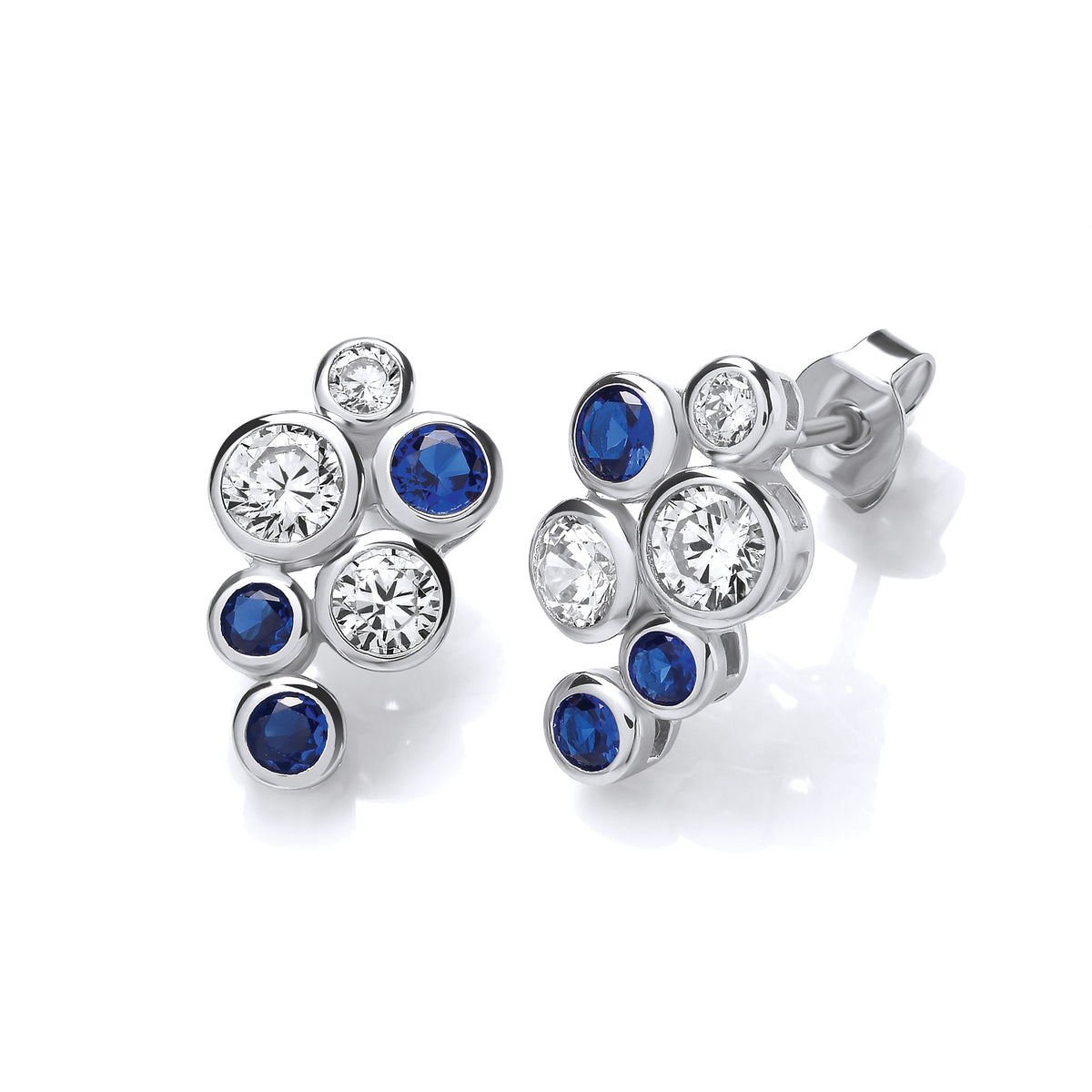 925 Stirling Silver Timeless Style Rubover Set Blue & Clear Cubic Zirconia Earrings