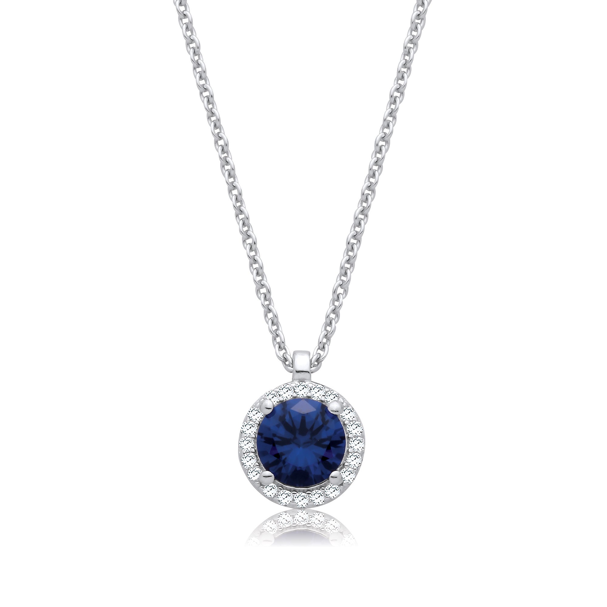 925 Sterling Sapphire Blue and Clear Cubic Zirconia's Halo Pendant with Chain J-JAZ