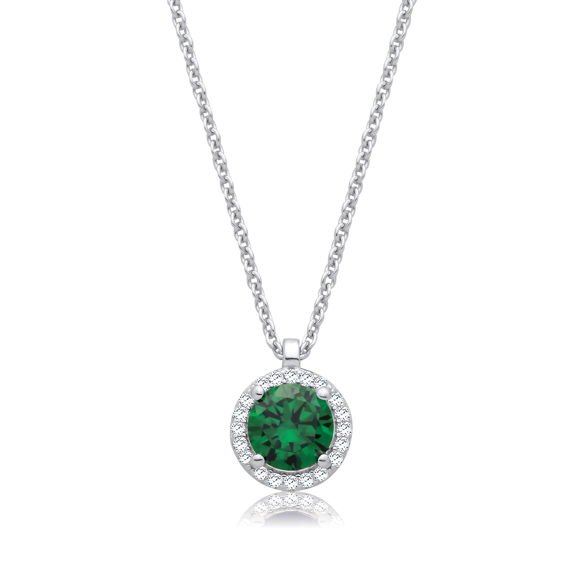 925 Sterling Silver Emerald Green and Clear Cubic Zirconia's Halo Pendant with Chain J-JAZ