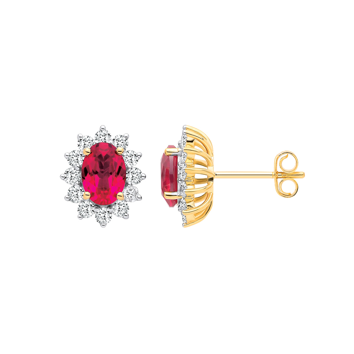 9ct Yellow Gold Lab Grown 0.60ct Solitaire Diamond & 2.20ct Oval Ruby Earrings IGI Certified
