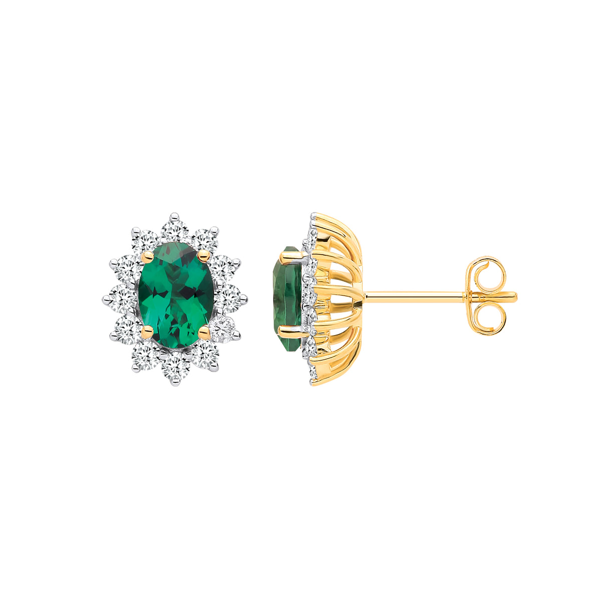 9ct Yellow Gold Lab Grown 0.60ct Solitaire Diamond & 1.40ct Oval Emerald Earrings IGI Certified