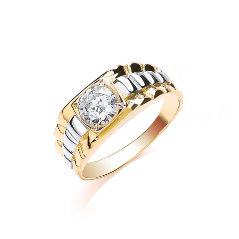 9ct Yellow Gold Gents Square Top Cubic Zirconia Two Colour Ring