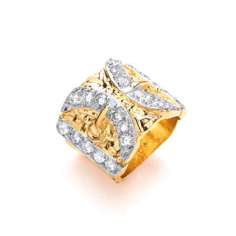9ct Yellow Gold Cubic Zirconia Buckle Gents Ring