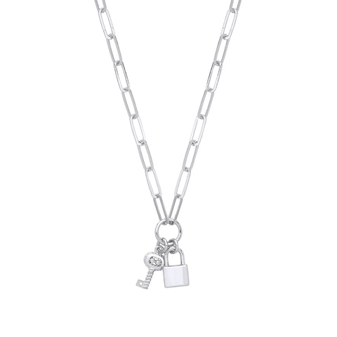 925 Sterling Silver Paperclip Chain , Padlock & Cubic Zirconia Key Necklace