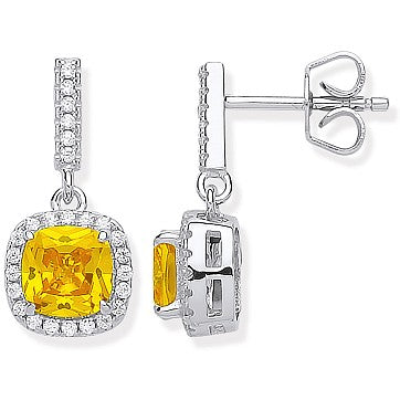 925 Sterling Silver Yellow Cubic Zirconia Drop Earrings