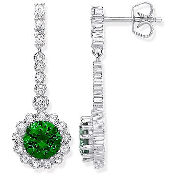 925 Sterling Silver Round Green Cubic Zirconia Long Drop Earrings