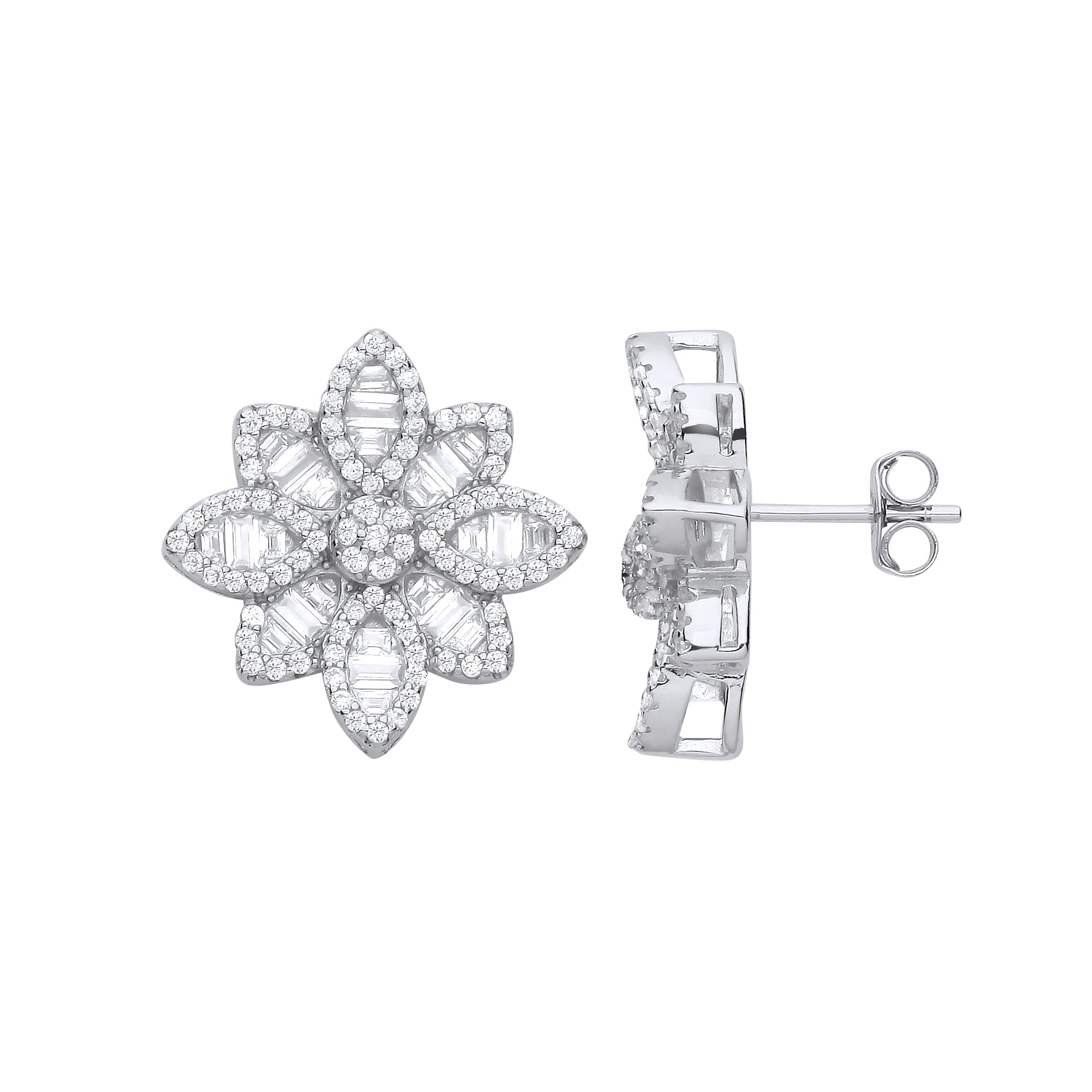 925 Sterling Silver Large Cubic Zirconia Flower Stud Earrings
